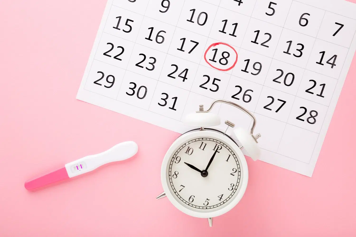 Vue d’un test de grossesse positif, d’un calendrier avec le 18 encerclé et d’un réveil blanc. L’image évoque l’attente des résultats après un transfert embryonnaire, souvent marquée par le test de grossesse à la fin des deux semaines post-FIV.